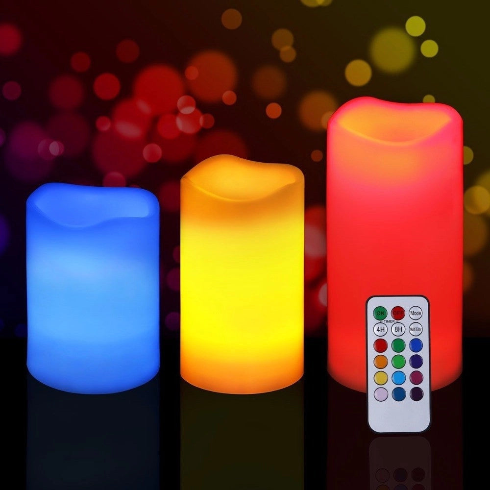 Trade Shop - Set 3 Candele Led Luce Rgb Candela Telecomando Fuoco Finto Cromoterapia Massaggi -