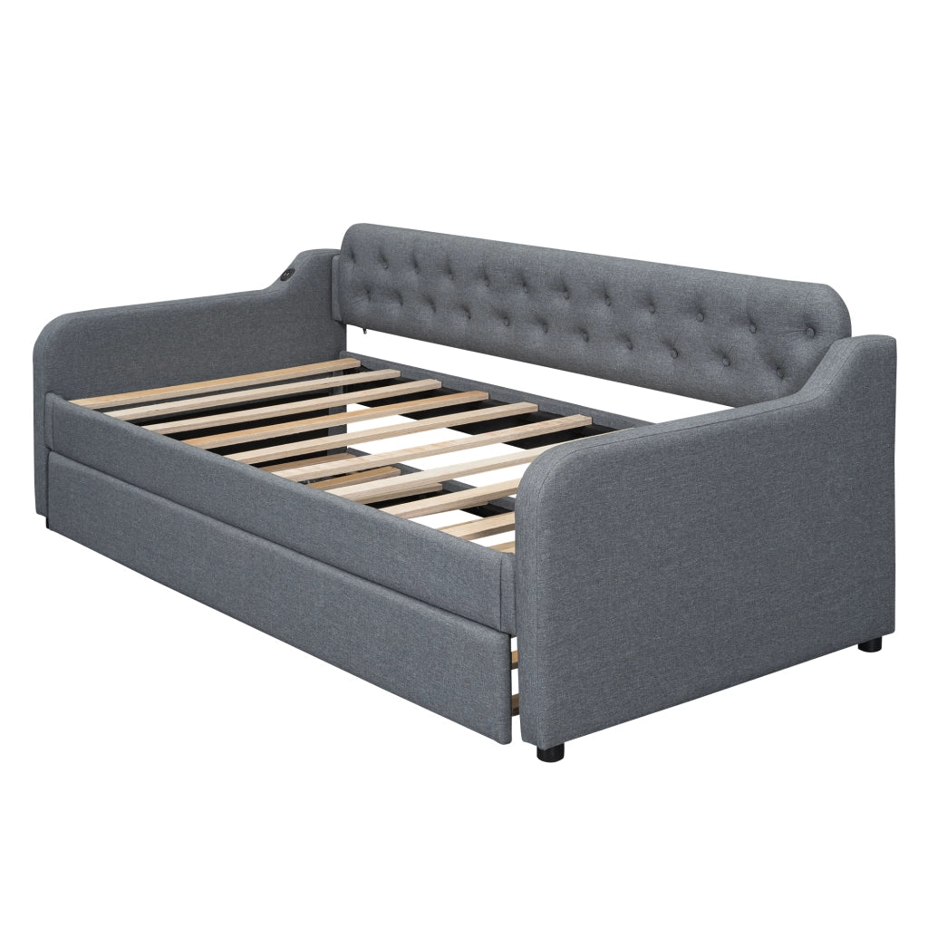 Letto Divano 90 x 200 cm; Letto Singolo con Letto Estraibile e Porta USB; senza Materasso; Grigio