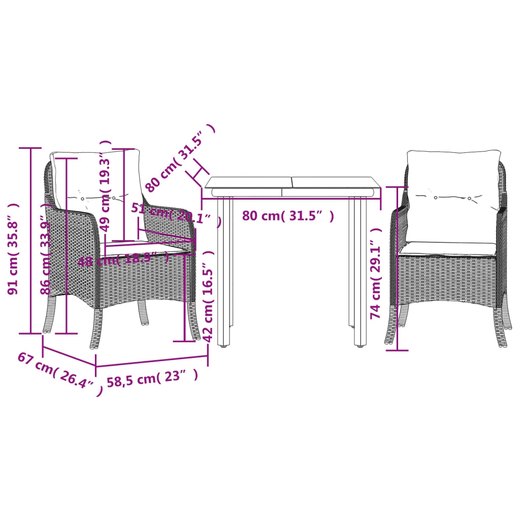 Set da Pranzo da Giardino 3 pz con Cuscini Nero in Polyrattan