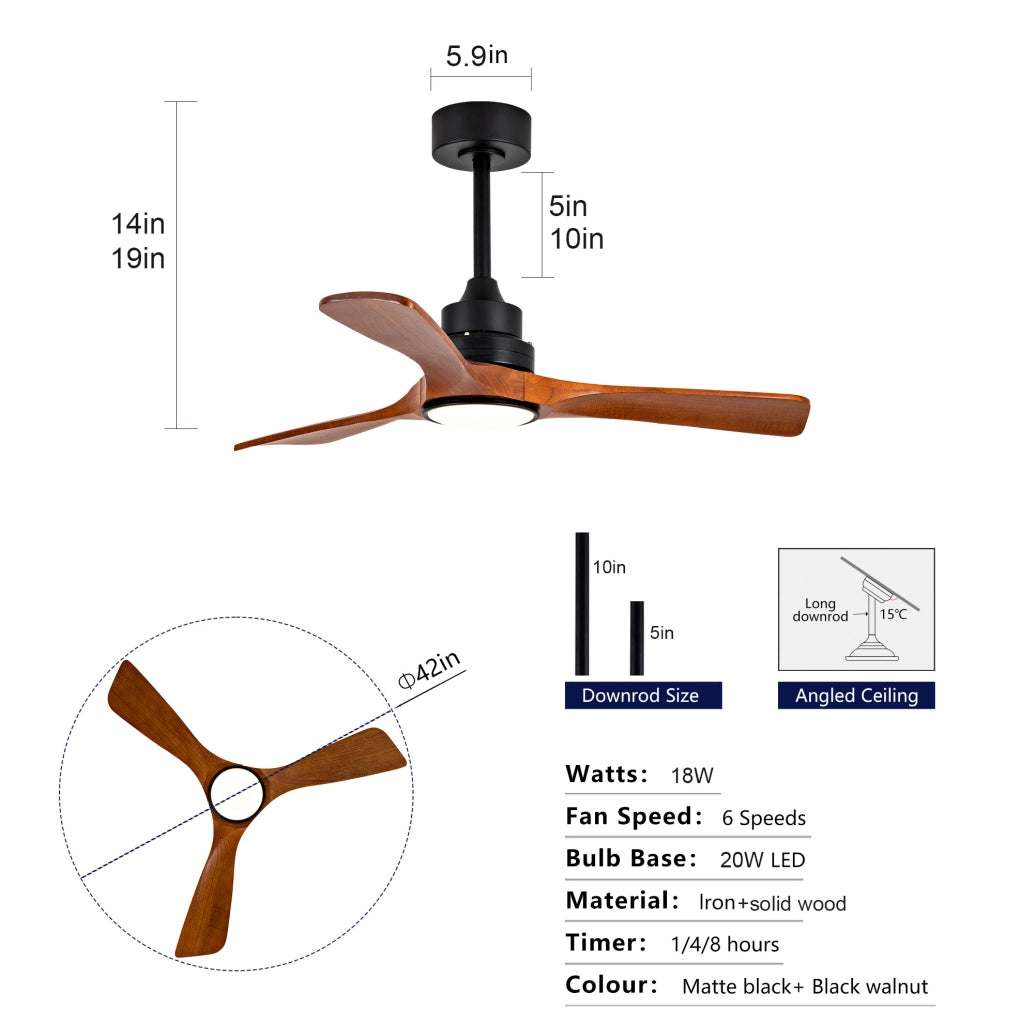 Ventilatore da soffitto con luce 42 pollici; 3 pale in legno noce; nero e noce scuro