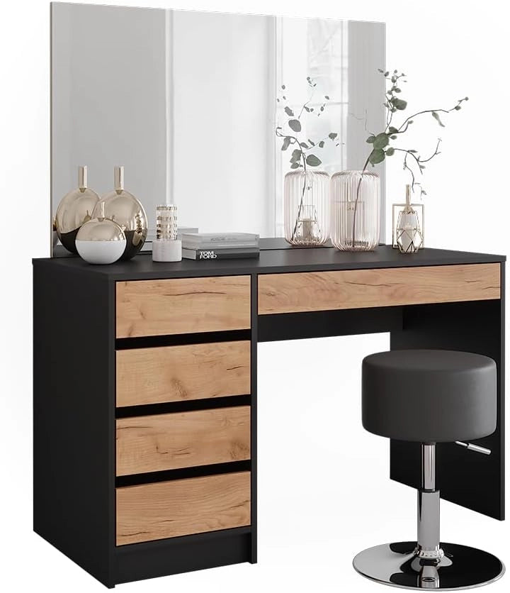 Tavolino da toilette Sherry, Antracite/quercia dorata, 120 x 75 cm con specchio e sgabello, inclusi sgabello e grande specchio per l’uso quotidiano