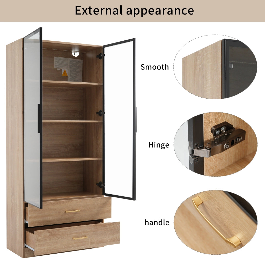 Armadietto da bagno alto con 2 ante e vani aperti in vetro temperato, stile moderno, per bagno, in MDF, marrone