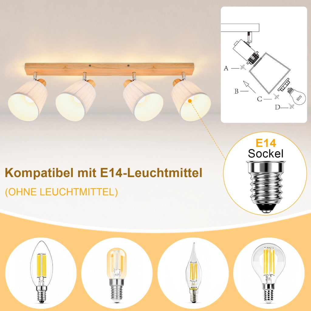 ZMH Faretto da soffitto 4 Luci Legno E14 Boho Bianco Tessuto Orientabile 350¡ã per Corridoio Soggiorno Senza Lampadina