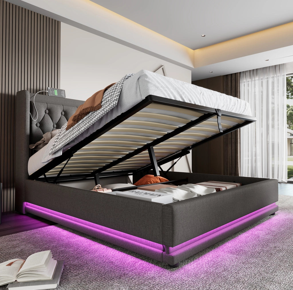 Letto matrimoniale contenitore 140x200 cm grigio con LED e USB-C