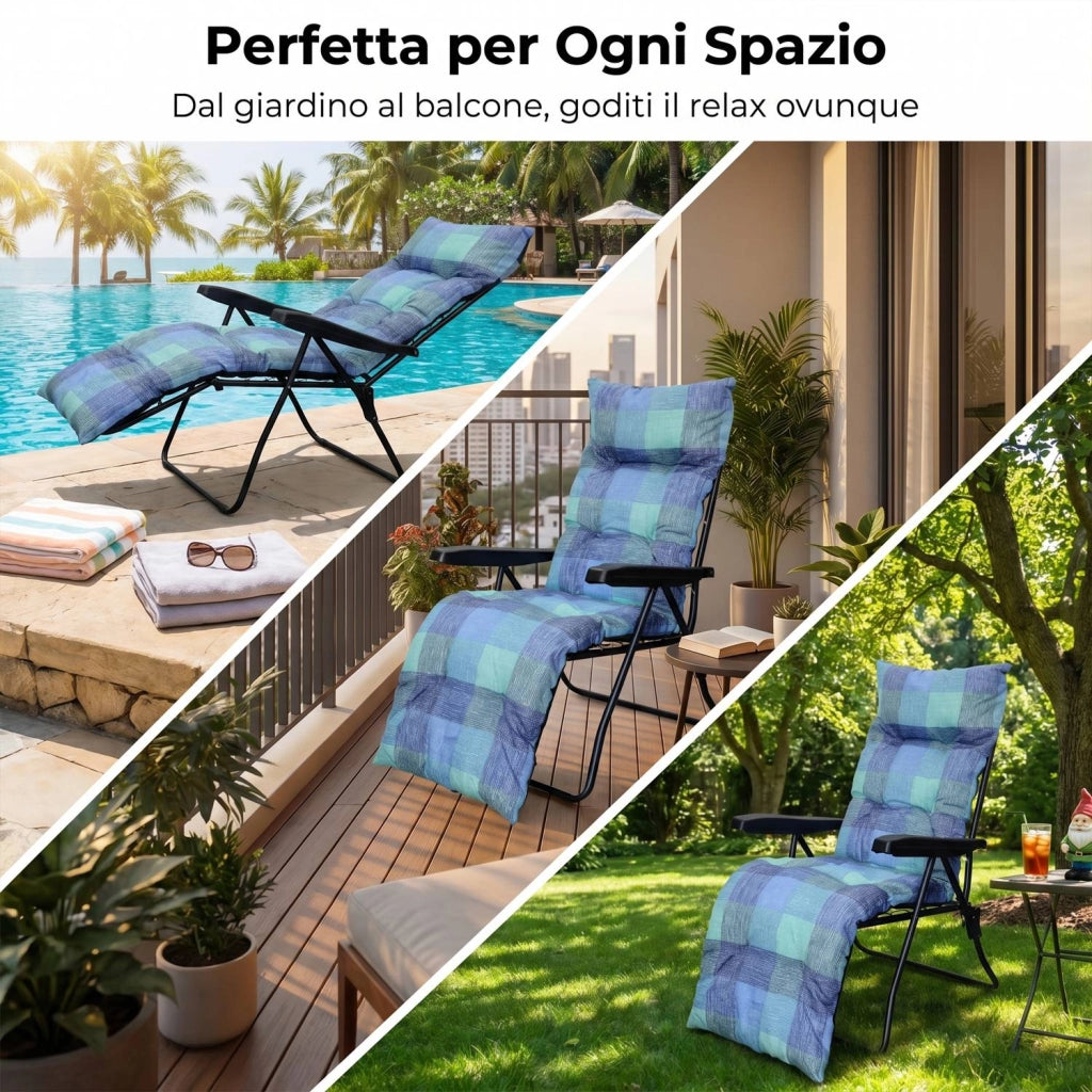 Marvin Sdraio da Giardino con Poggiapiedi Reclinabile Regolabile in 6 Posizioni Flock Poltrona con Cuscino  BLU A QUADRI