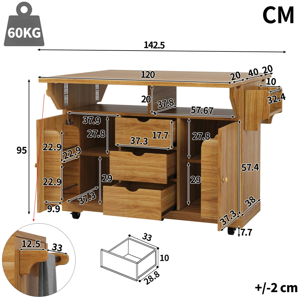 Mobile contenitore con 3 cassetti e ripiani regolabili; per cucina; in MDF e metallo