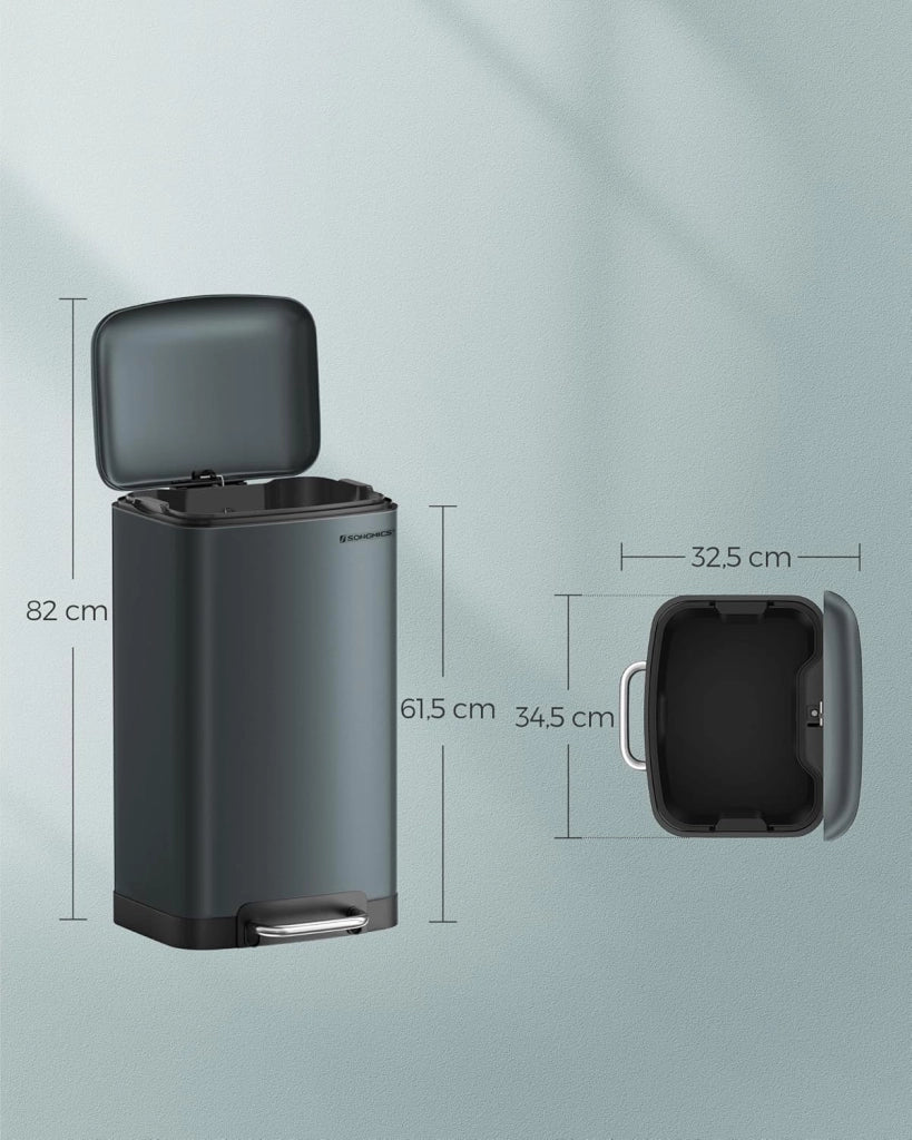 SONGMICS Pattumiera 30 L, con pedale in acciaio, secchio interno e coperchio, maniglia chiusura in morbido, ermetica, per cucina, soggiorno, grigio antracite LTB01GS