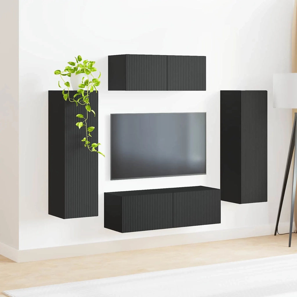 Set mobile TV Montaggio a parete 3 pcs Nero Legno multistrato