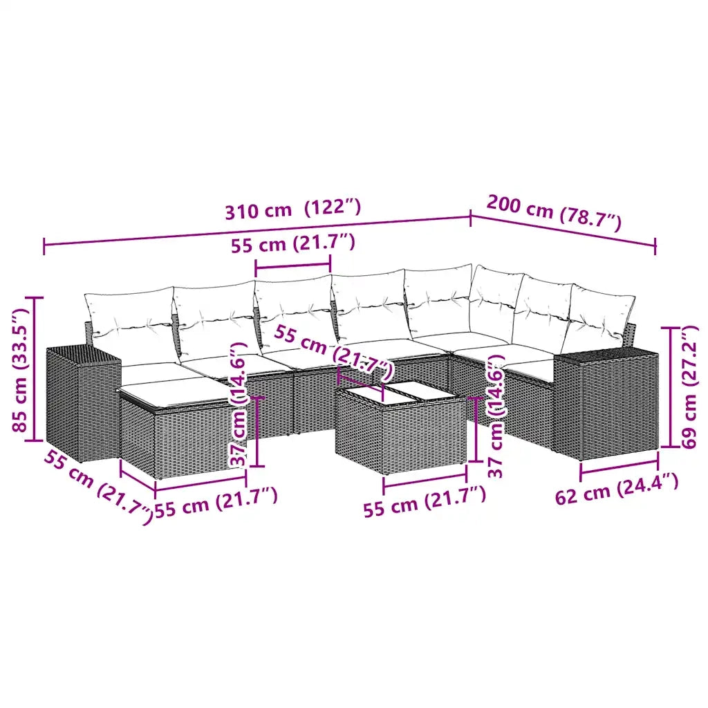 Set Divano da Giardino 9pz con Cuscini Grigio Chiaro Polyrattan