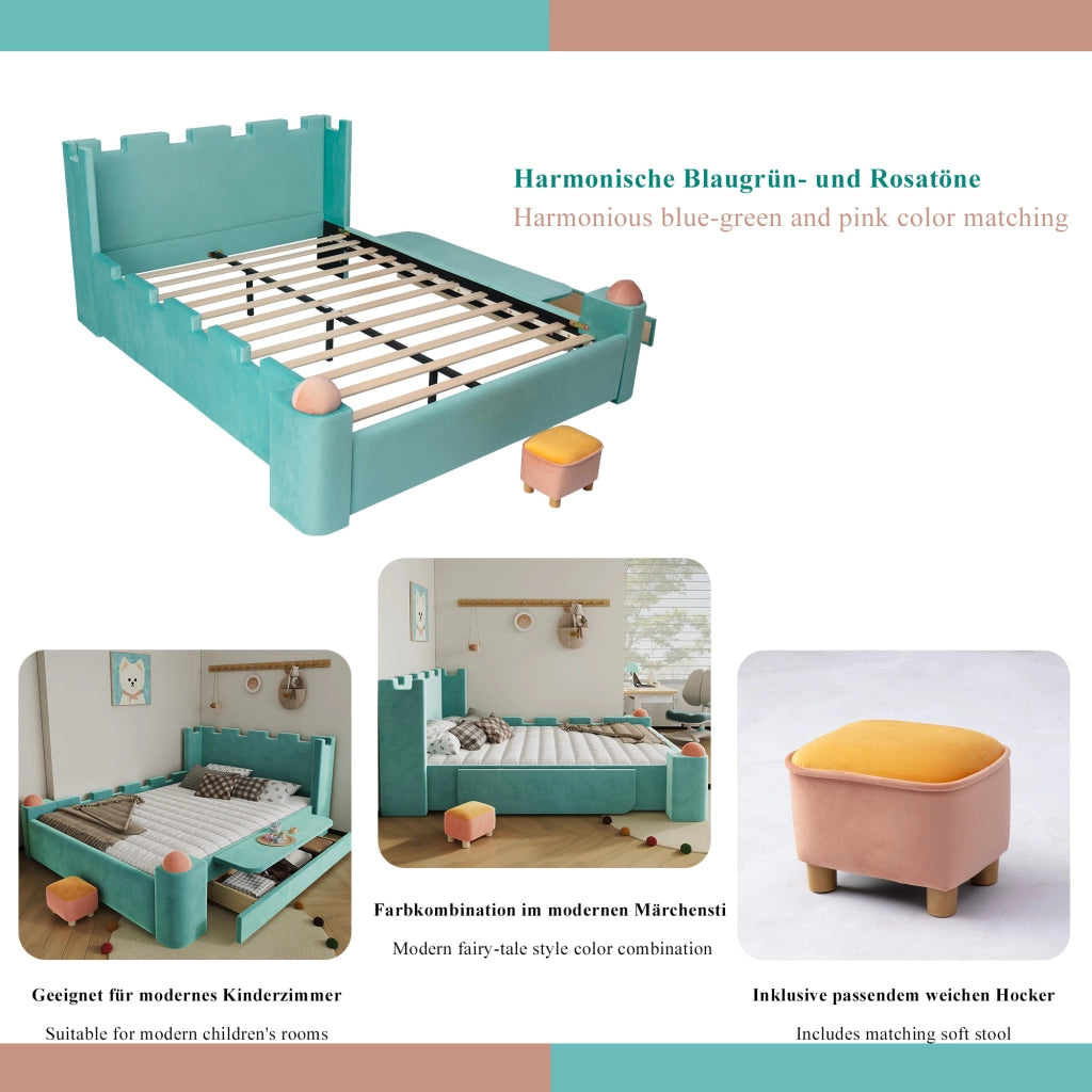 DESMIU Letto per bambini 140 × 200 cm con ripiano pieghevole, cassetto contenitore, senza materasso, velluto blu-verde