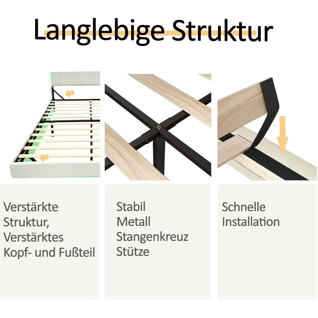 LETTO Imbottito 160x200 cm Beige in tessuto lino con USB e LED
