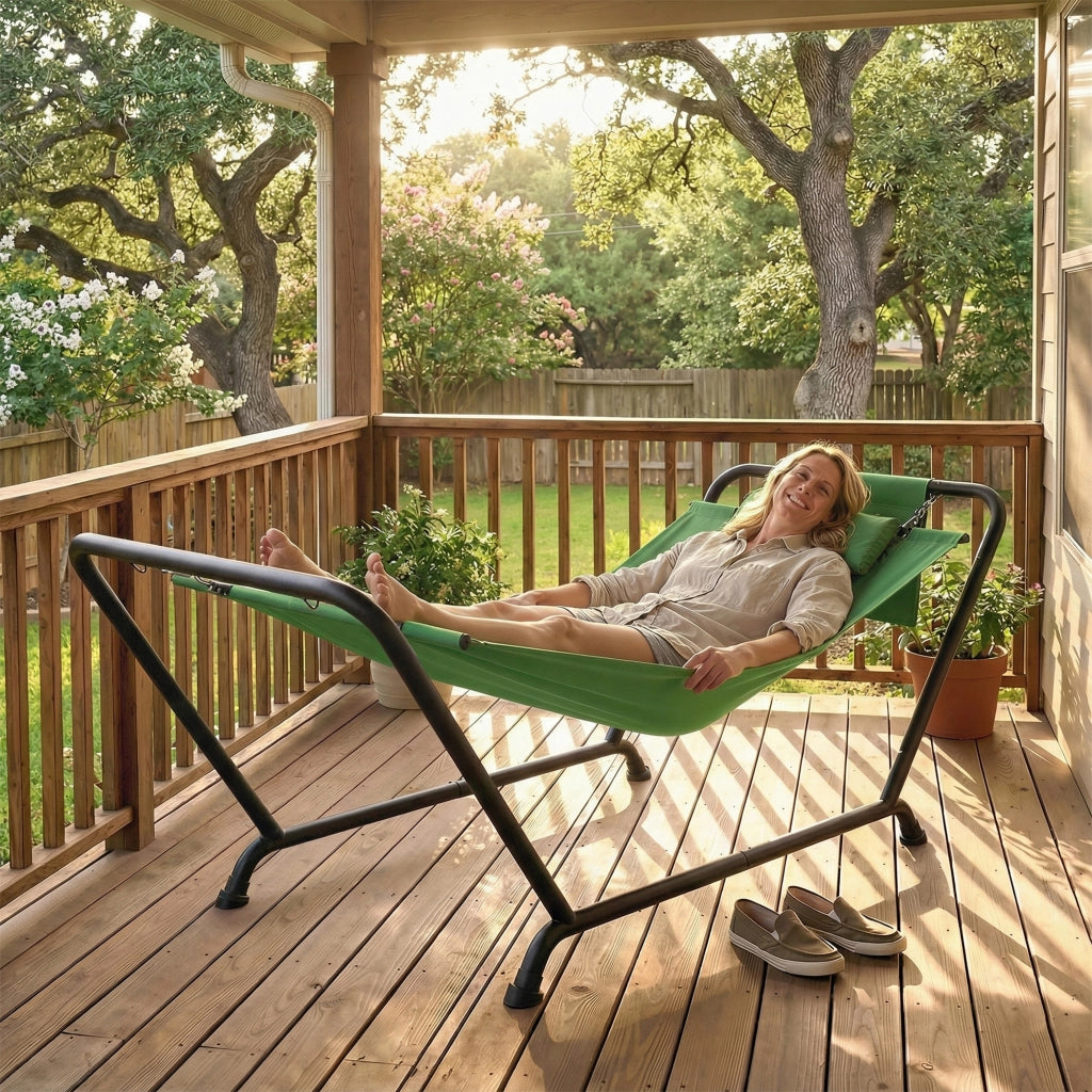 Amaca da Giardino 237x90x92 cm con Supporto Tasca Laterale e Poggiatesta in Metallo e Poliestere Verde Scuro