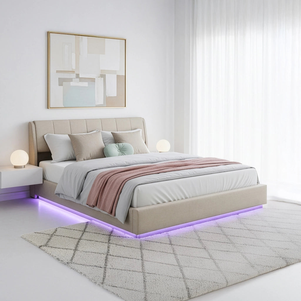 Letto Contenitore Tröstiar con Apertura a Ribalta e Luce LED Letto Doppio Matrimoniale 180x200 cm Beige [en.casa]