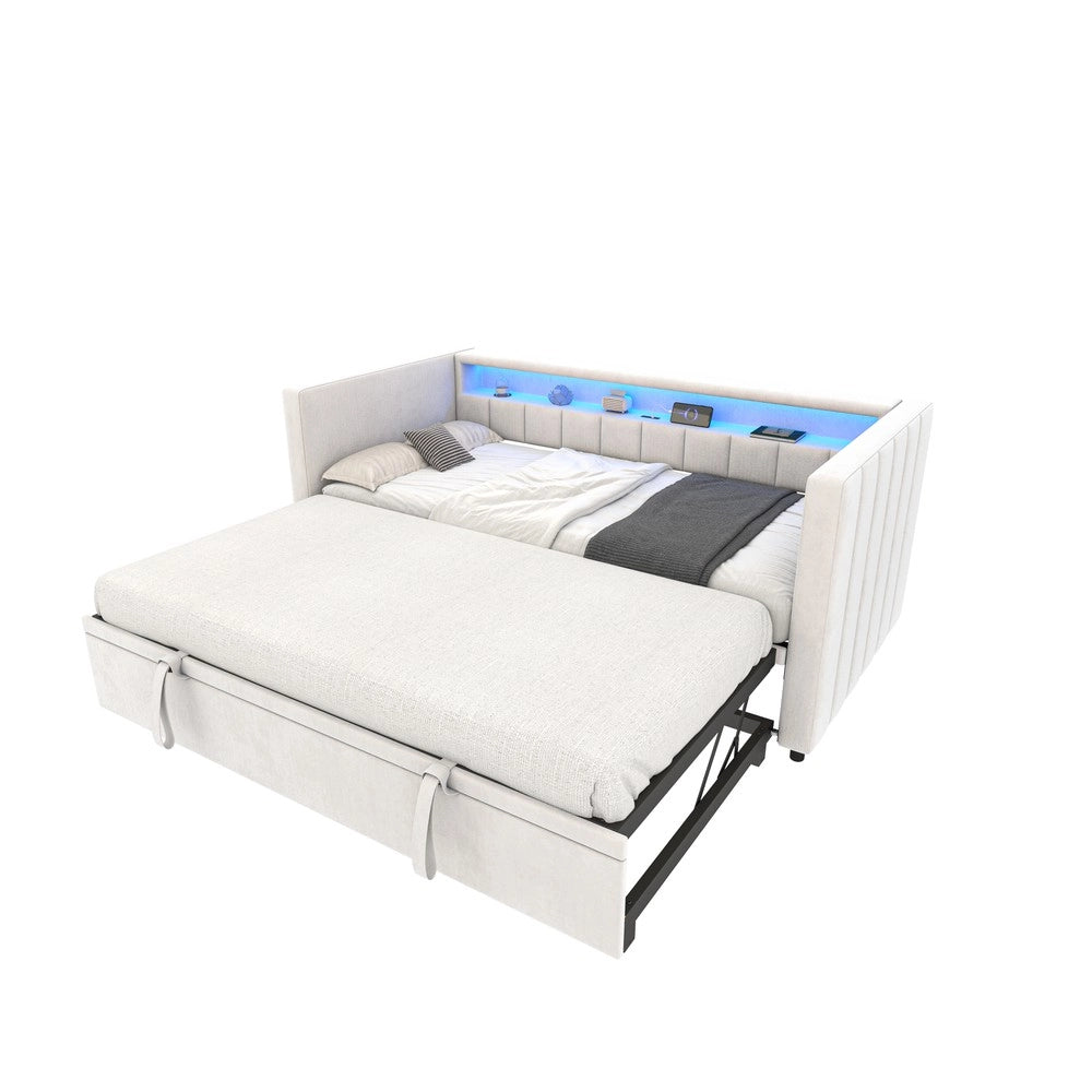 Divano Letto 90x190 con Contenitore, LED, USB, Velluto ¨C Xylo ¨C Beige