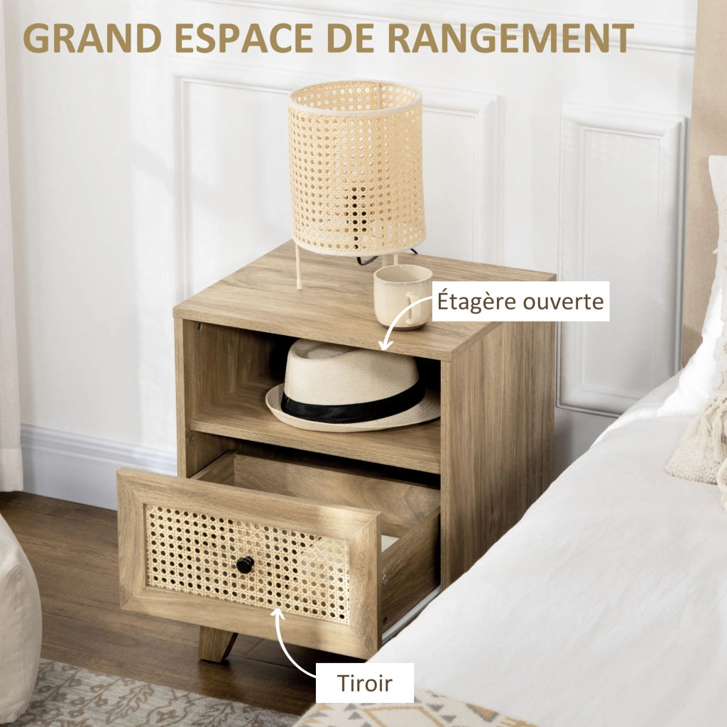 Comodino con cassetto e anta cannage ¨C Xylo ¨C legno naturale 45x39x56,5 cm