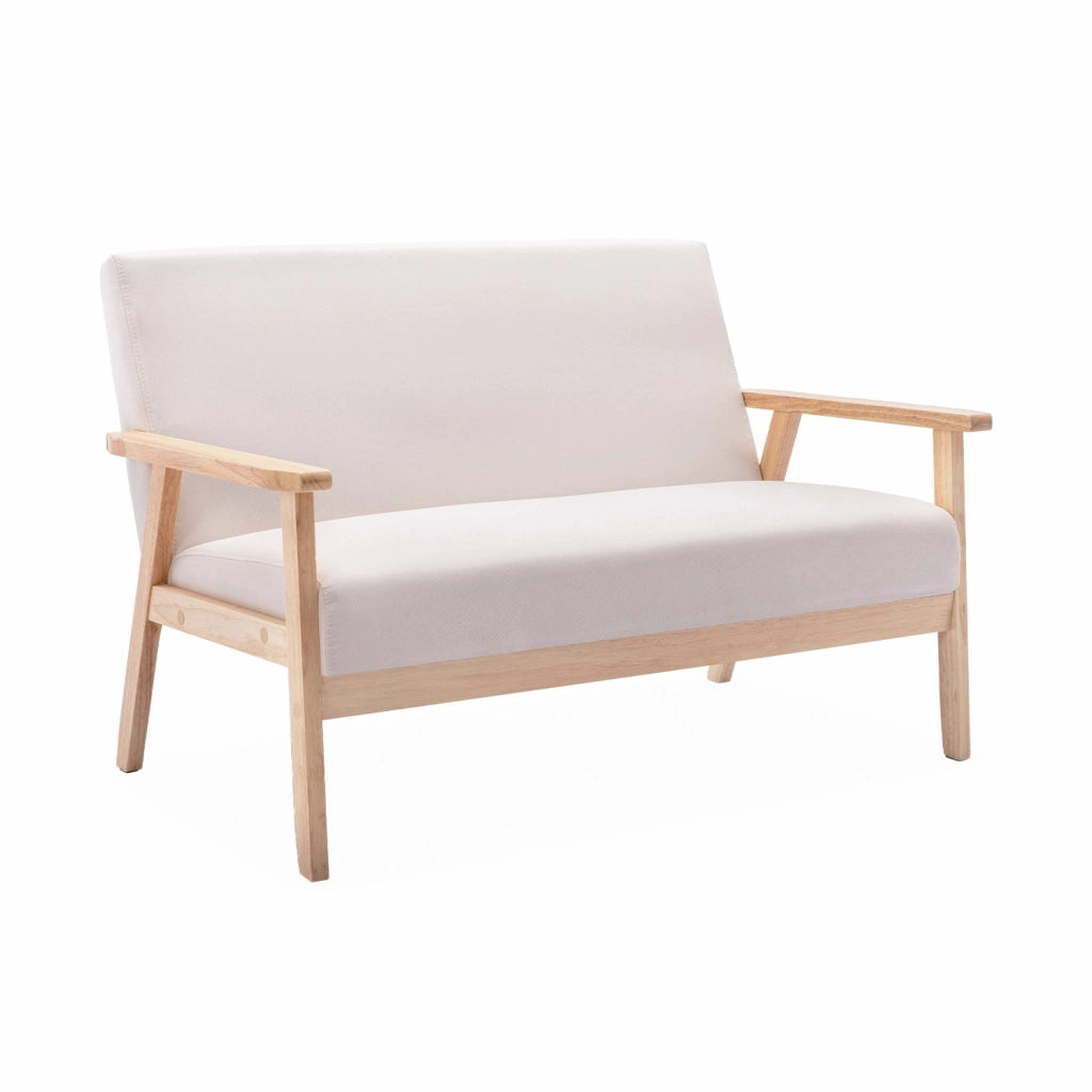 Divano in tessuto con gambe in legno di gomma, 2 posti, beige