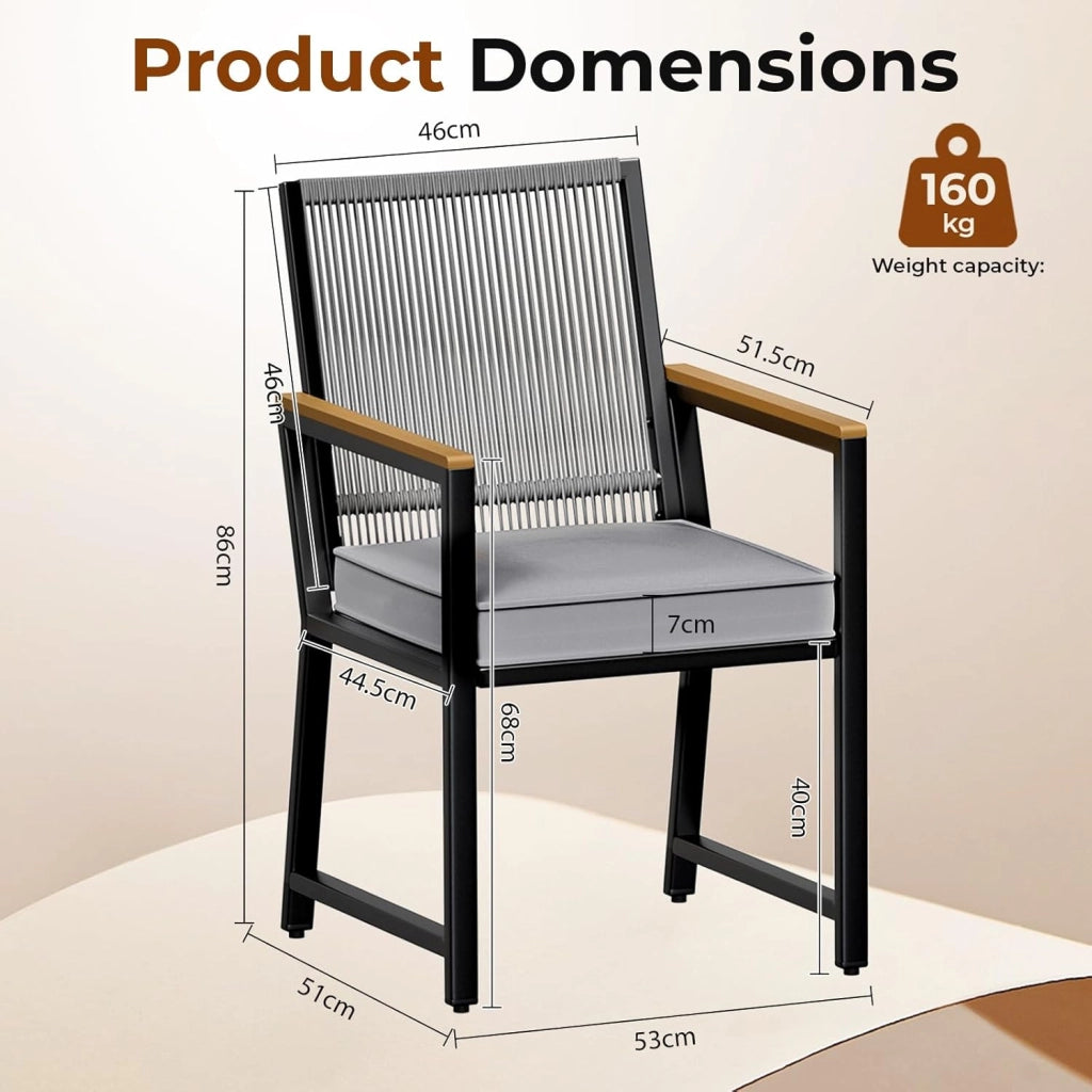Set di 2 sedie da giardino in rattan, resistenti alle intemperie, con braccioli in WPC, sedie per esterni con cuscino rimovibile, sedie da pranzo in metallo, portata fino a 160 kg, per