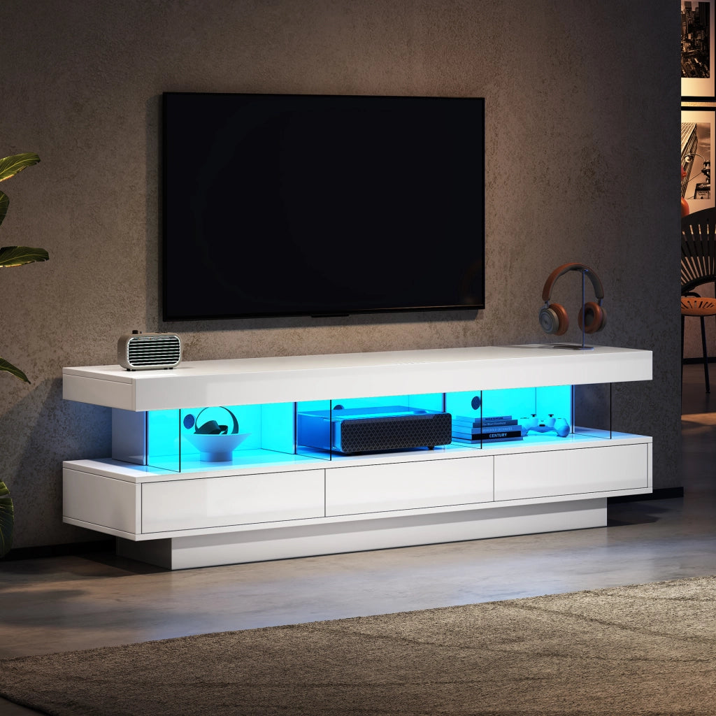 Mobile TV con 3 vani in vetro e LED Bluetooth - per soggiorno - 160x38x50.5 cm - bianco