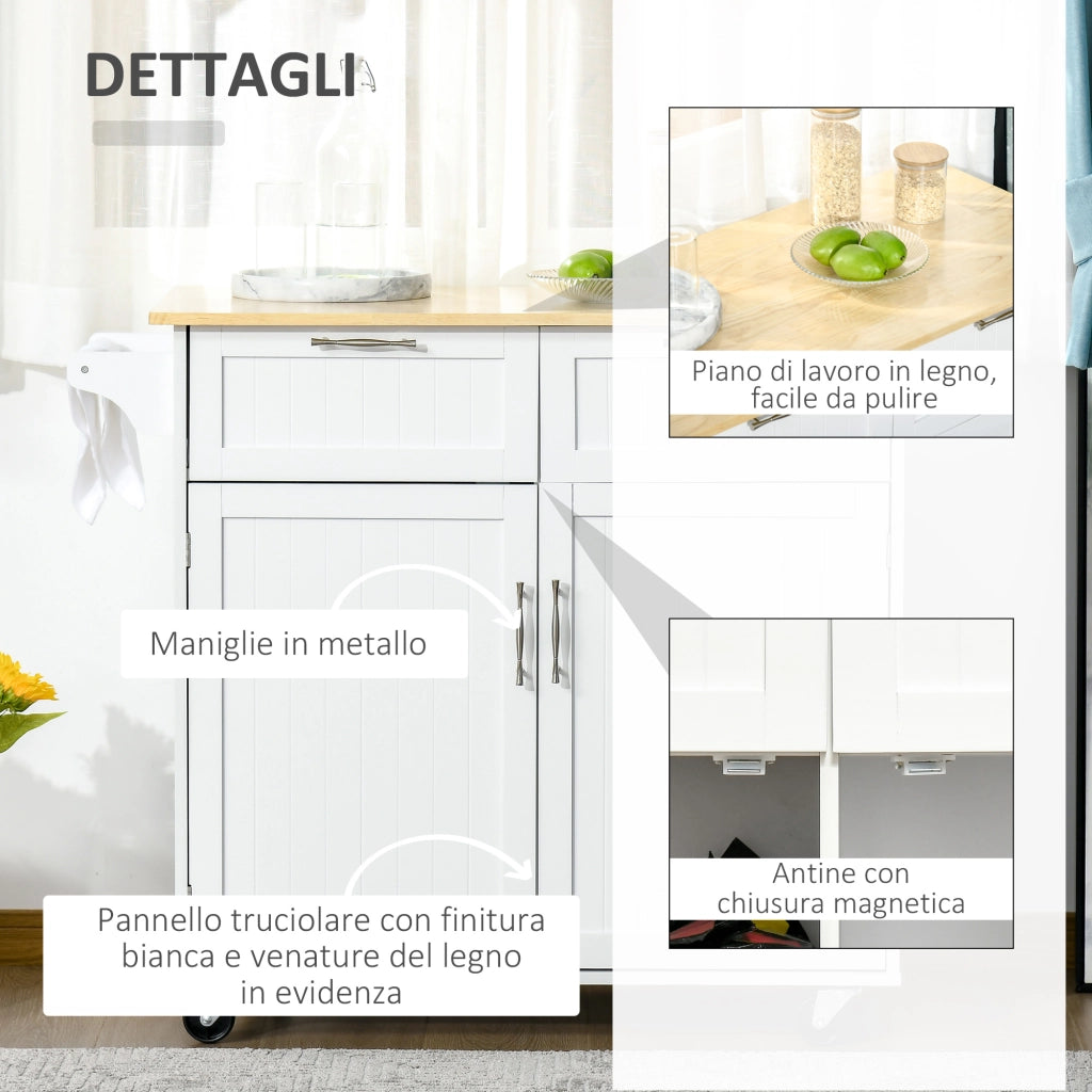 EasyComfort Carrello da Cucina Multiuso in Legno con 2 Cassetti, 104x46x91cm - Bianco