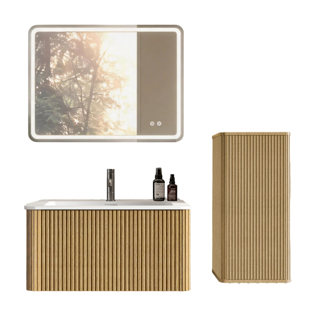Set mobili bagno sospesi rovere MDF con lavabo; specchio LED e colonna