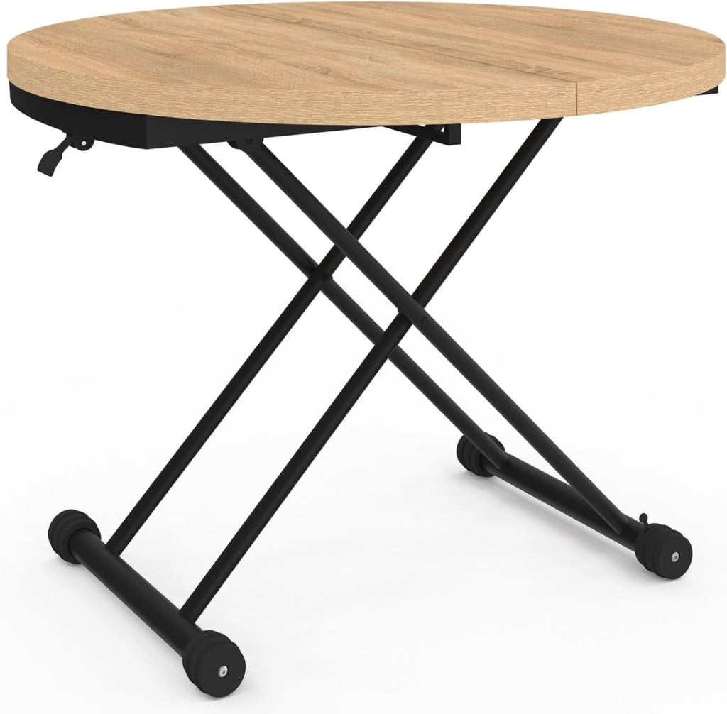 Tavolino allungabile a un tavolo da pranzo rotondo ALTURA piano in effetto faggio base nero design industriale