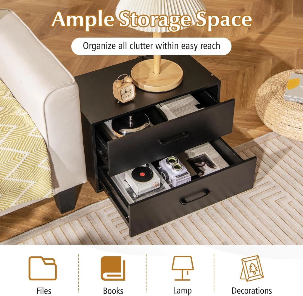 Cassettiera Portaoggetti Camera da Letto 2 Cassetti, Mobile Portaoggetti in Legno con Kit Anti-Ribaltamento, 4 Tasselli, Armadio Portaoggetti per Camera da Letto, 60 x 34 x 38 CM (Nero)