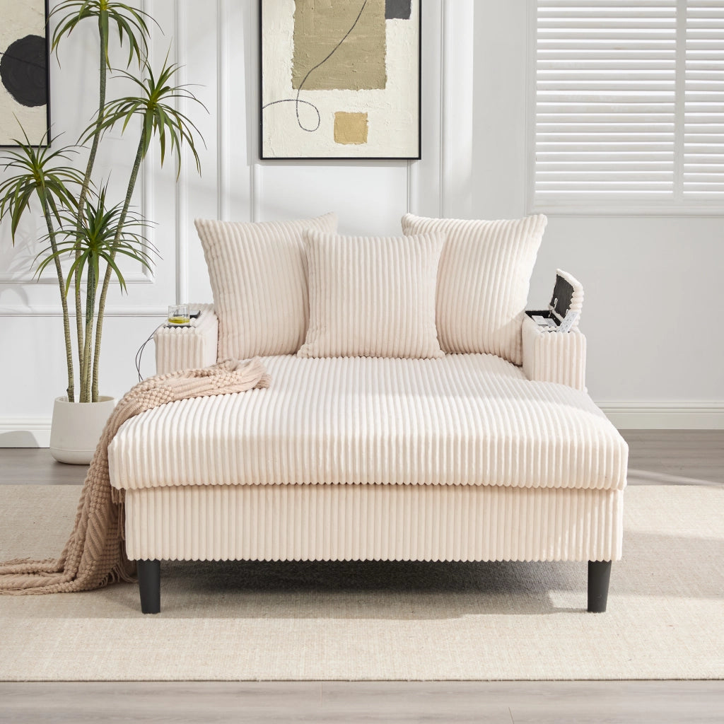 Chaise Longue con LED USB Vano Contenitore Tasca Laterale e Doppio Portabicchieri in Velluto a Coste Beige