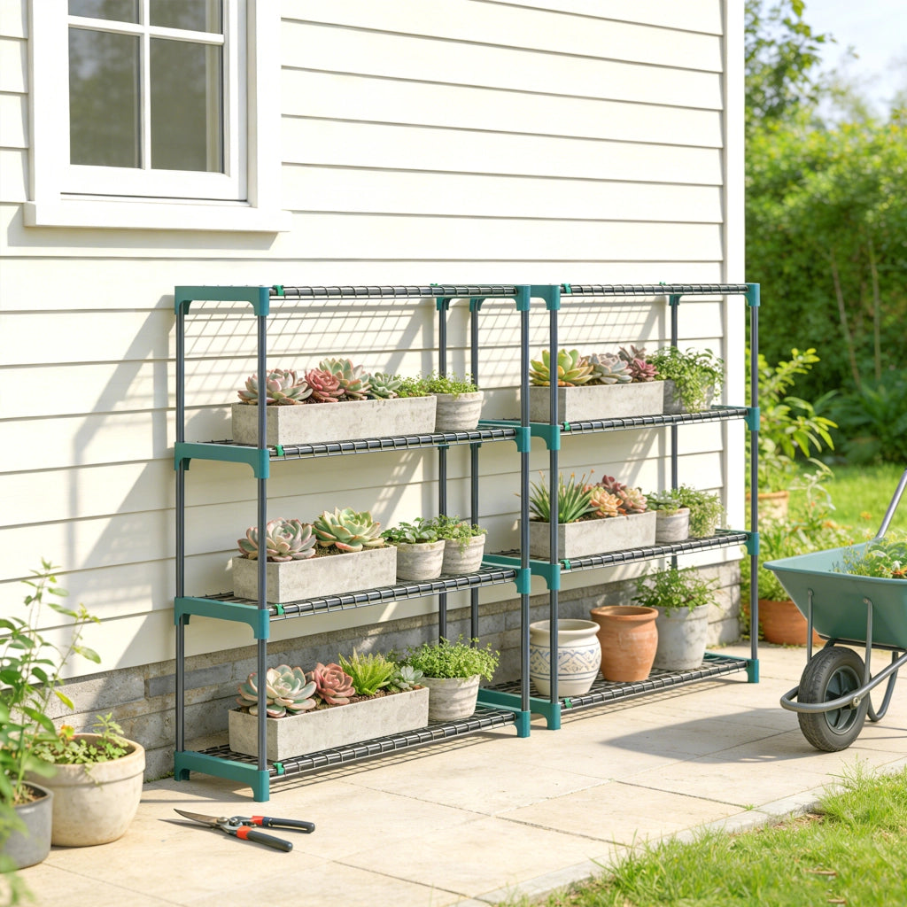 Set di 2 Scaffali per Piante a 4 Livelli 90x28x104 cm con Ganci in Acciaio Verde