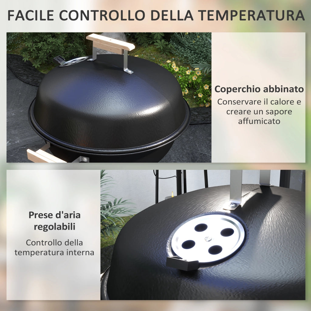 Barbecue a Carbonella con Griglia in Acciaio, Coperchio e Ruote ¨C zephmum ¨C Nero