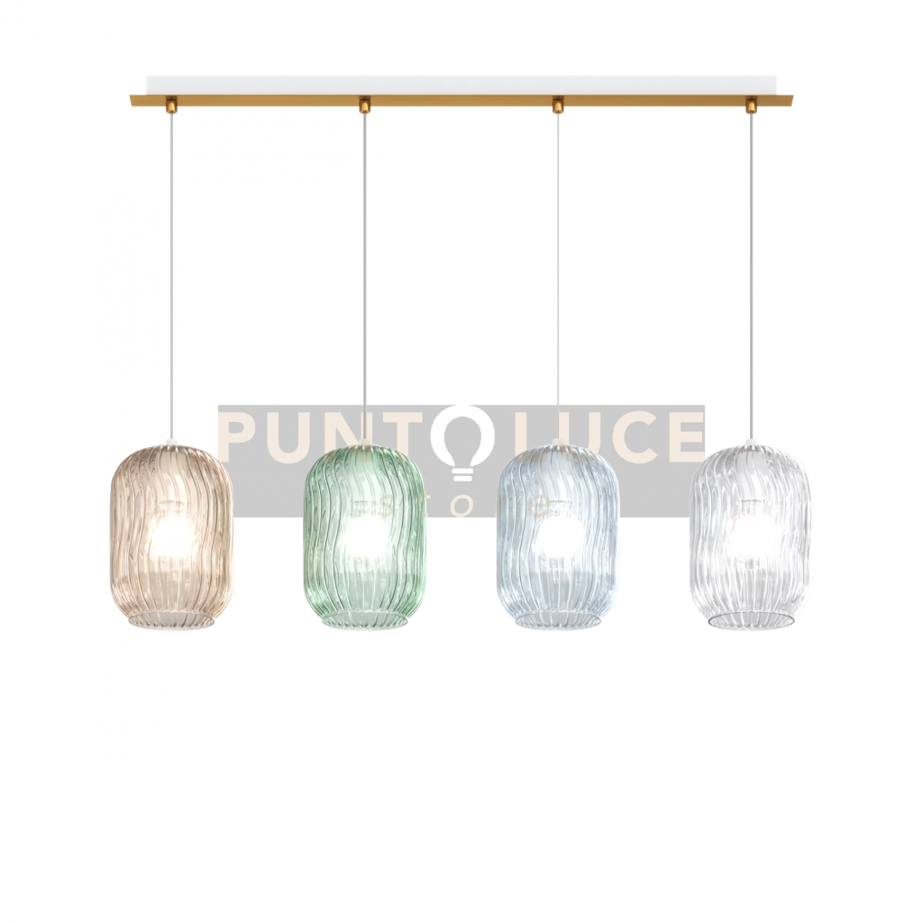 SOSPENSIONE OTTONE SAT. 4 LUCI RETTANGOLARE VETRI AM + VE + BL + TR 1181OS-S4 R-MC