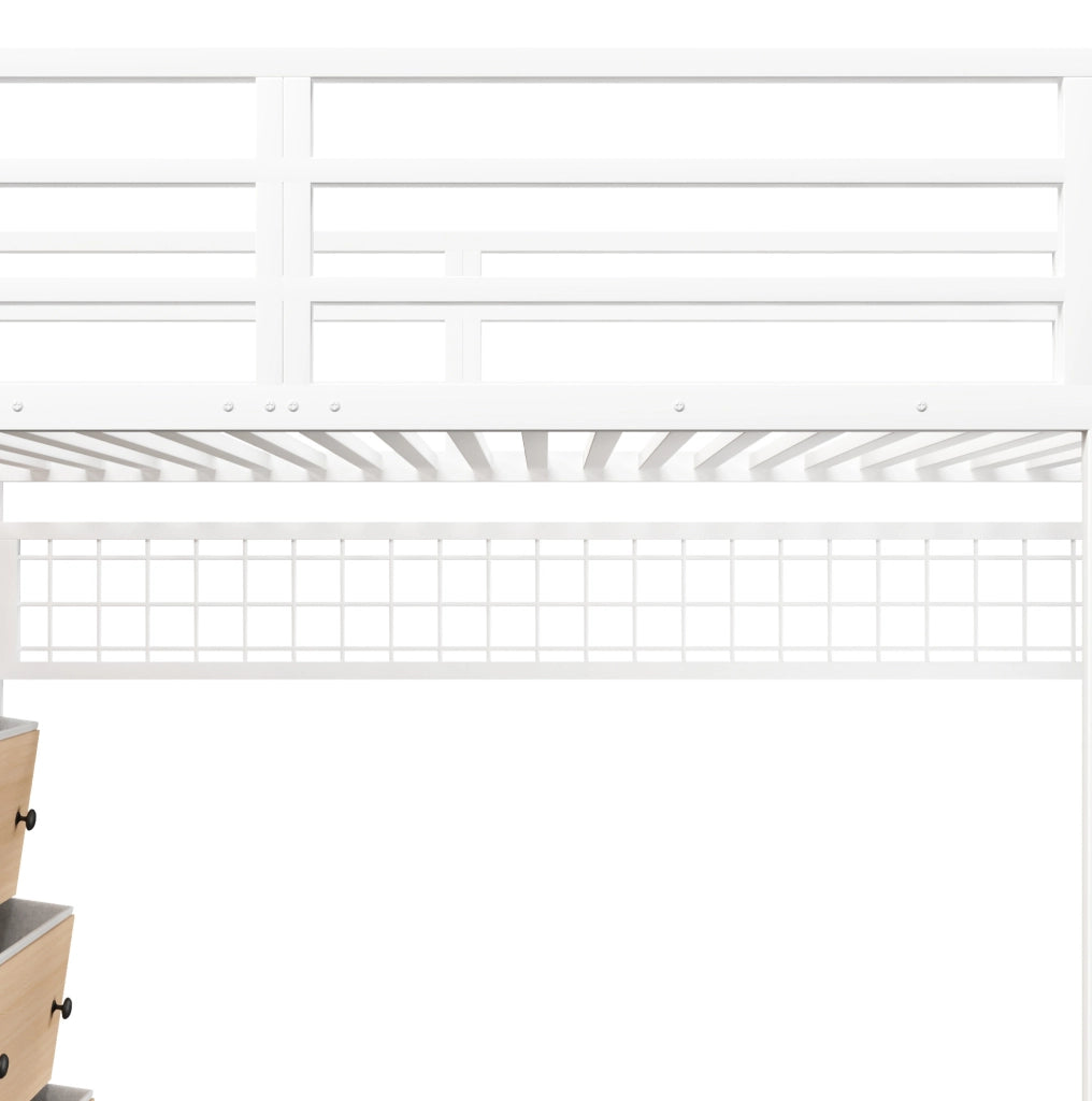 Letto a soppalco 140x200 cm con 8 cassetti, mensole e luce LED