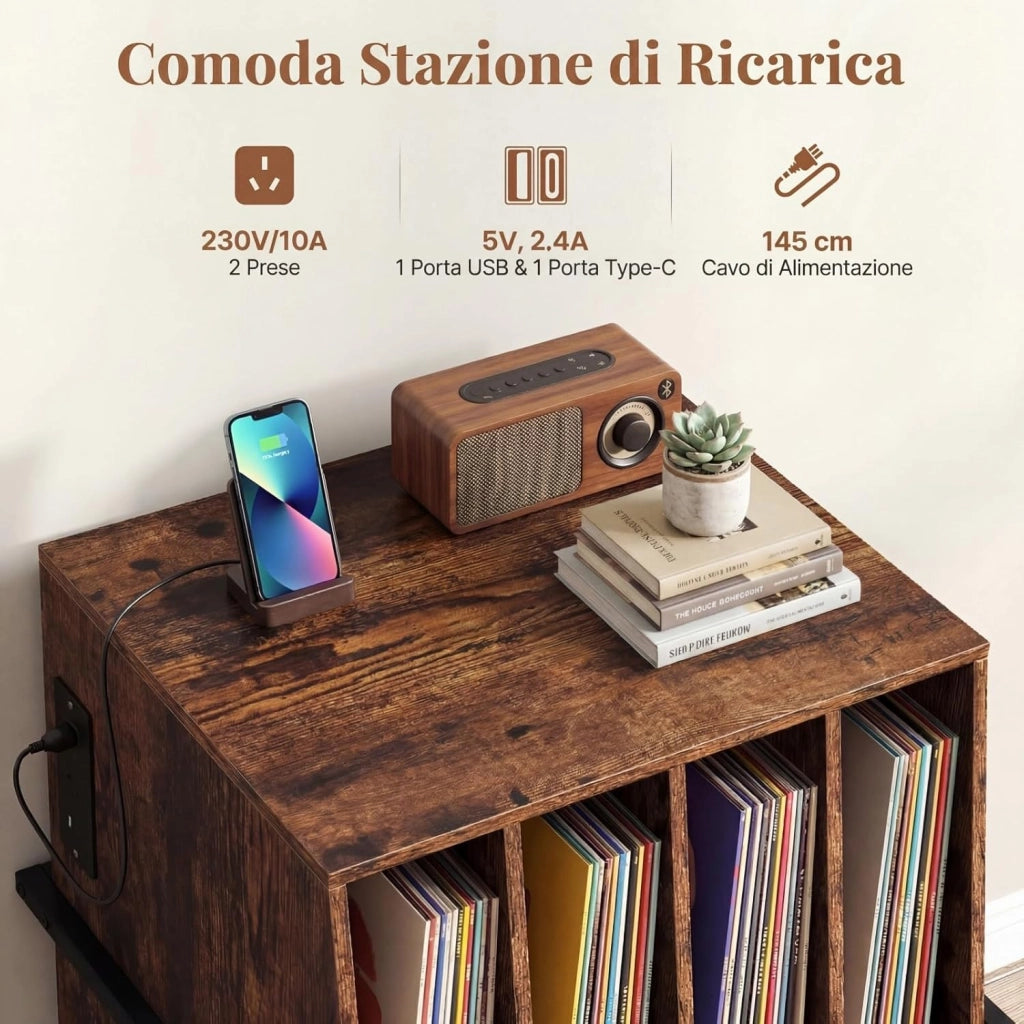Supporto per Giradischi, Mobile Porta Giradischi con 4 Scomparti e Ripiani Aperti, Scaffale per Dischi in Legno con Ruote e Piedini Regolabili (Marrone Rustico, Con Presa di Corrente)