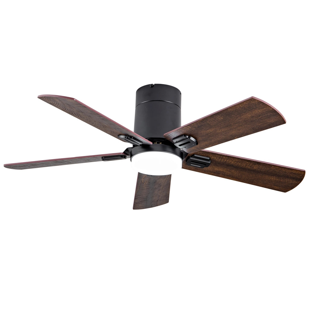 Ventilatore da soffitto a filo con luce dimmerabile e telecomando, motore DC reversibile nero e noce scuro