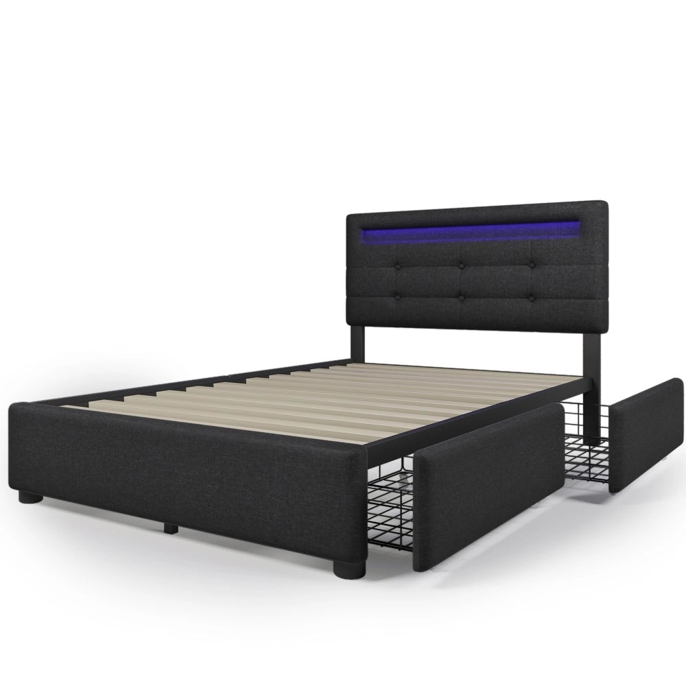 Letto Singolo Imbottito con LED e Cassetti ¨C MINIMAL ¨C Nero 90x200, Testiera Regolabile, Doghe in Legno