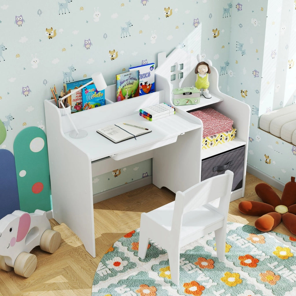 Set scrivania e sedia per bambini con mensole aperte e cassetto in tessuto, Tavolo da studio per bambini Bianco-Tavoli e sedie
