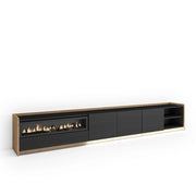 Mobile TV Soggiorno, 310x50x37 cm, Per TV fino a 80", Camino elettrico, LED, Nero e rovere