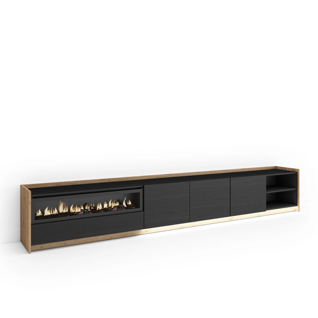 Mobile TV Soggiorno, 310x50x37 cm, Per TV fino a 80", Camino elettrico, LED, Nero e rovere