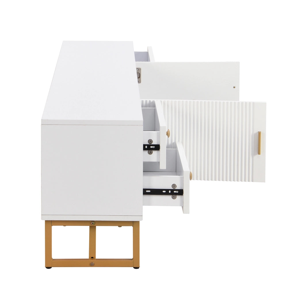 Mobile TV bianco MDF 175 cm con ante strutturate, 4 cassetti e maniglie dorate