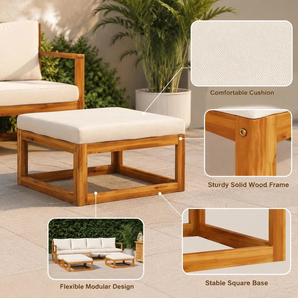 Footstool With Cream-white Upholstery, Solid Acacia Wood
