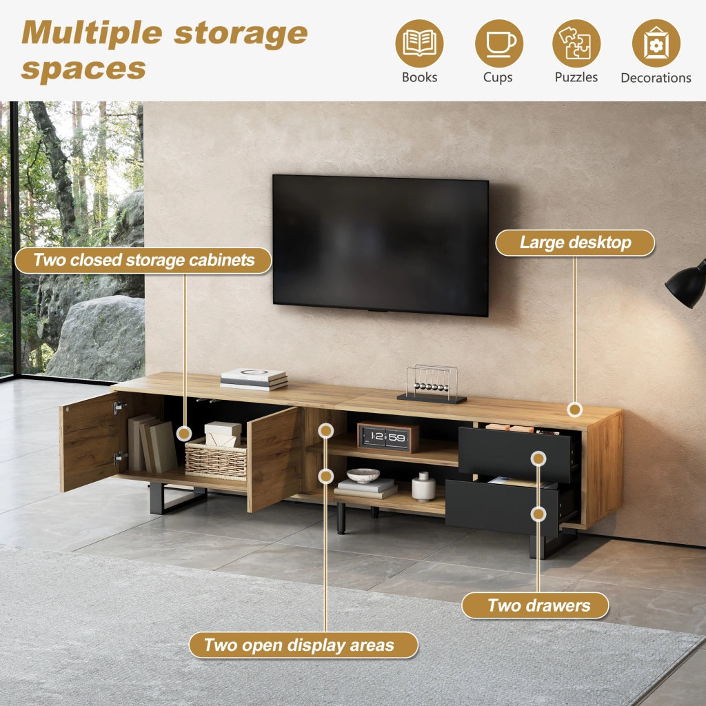 Mobile porta TV con 2 ante 2 cassetti e vani aperti per soggiorno in truciolare e metallo nero 180 × 40 × 50 cm