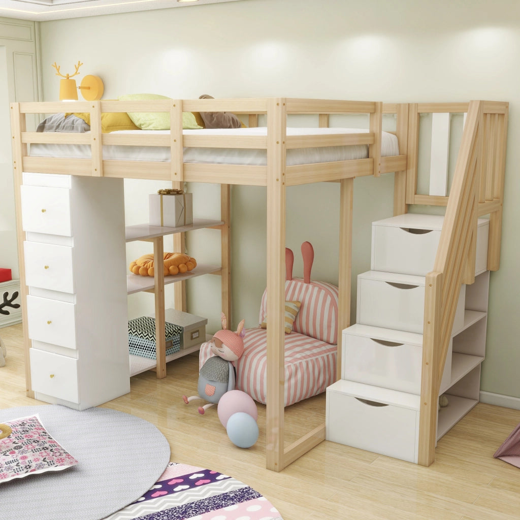 OKWISH Letto a Soppalco 140×200 cm, Letto Matrimoniale con 4 Cassetti, Scala con Cassetti e Mensole, senza Materasso, Naturale e Bianco