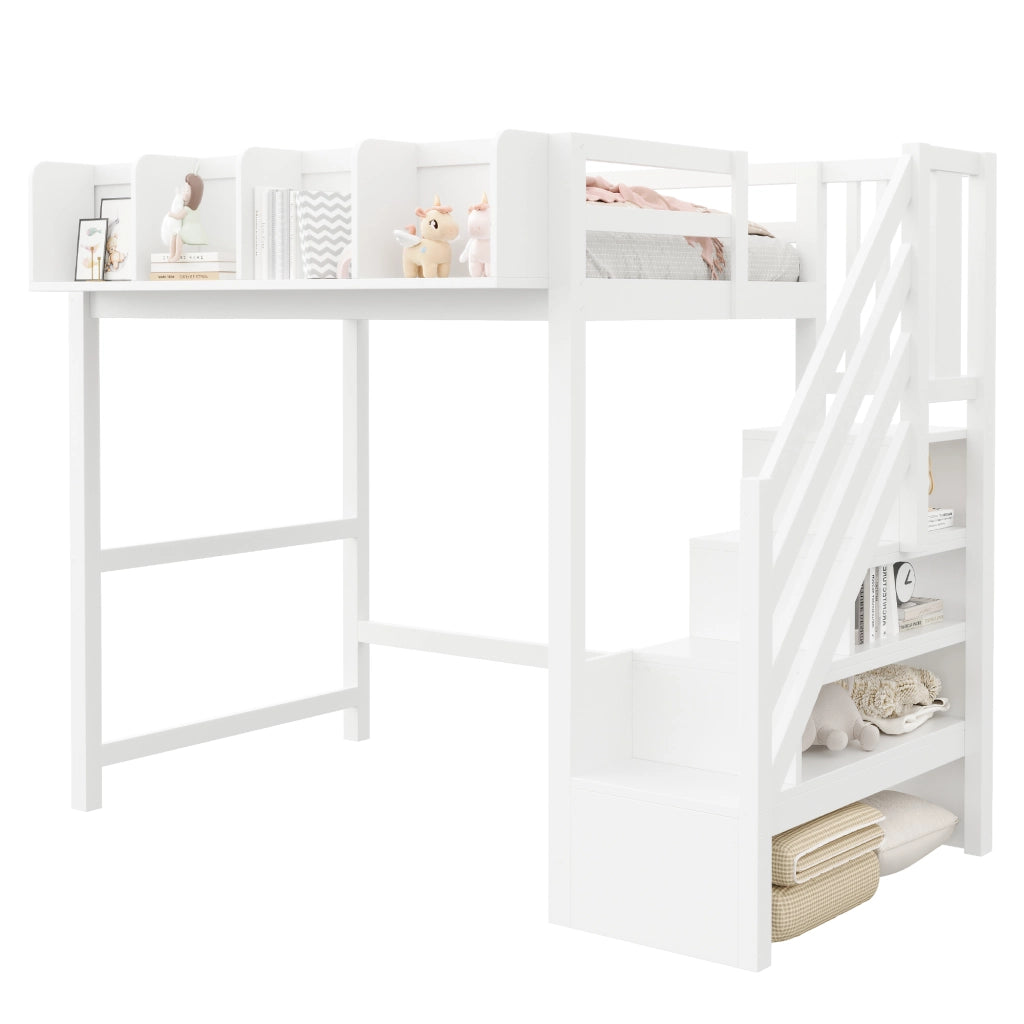 LETTO a soppalco 90x200 cm in legno bianco con LED, scala laterale e vani portaoggetti