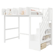LETTO a soppalco 90x200 cm in legno bianco con LED, scala laterale e vani portaoggetti