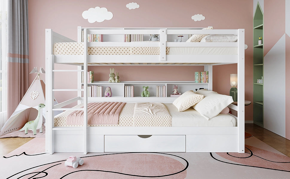 LETTO A CASTELLO 90x200 cm Legno di pino bianco con cassetto e vani portaoggetti