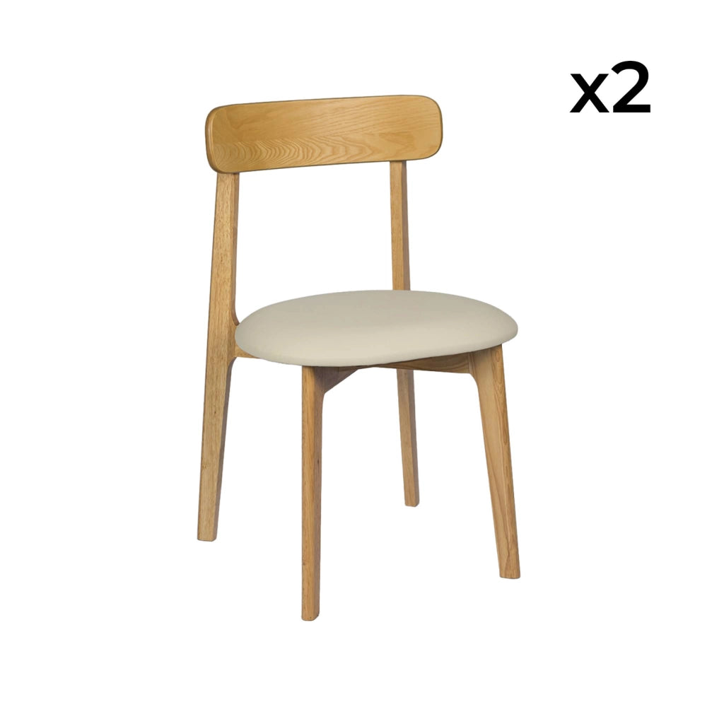 Set 2 sedie vintage in legno di hevea e similpelle, marrone naturale