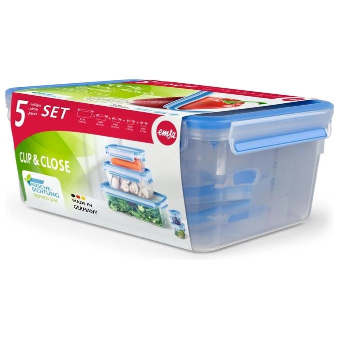EMSA CLIP & CLOSE 508568 recipiente per cibo Rettangolare Set 3,7 L Blu, Trasparente 5 pz