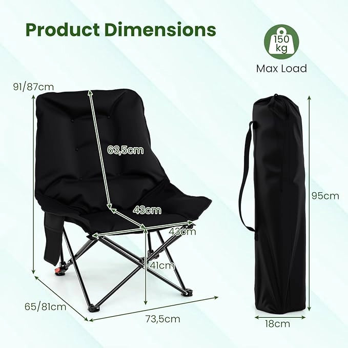 Sedia da Campeggio Portatile, Sedia Pieghevole Imbottita con Schienale Regolabile e Tasca Laterale, Seduta da Giardino in Metallo con Borsa da Trasporto, Portata 150 kg