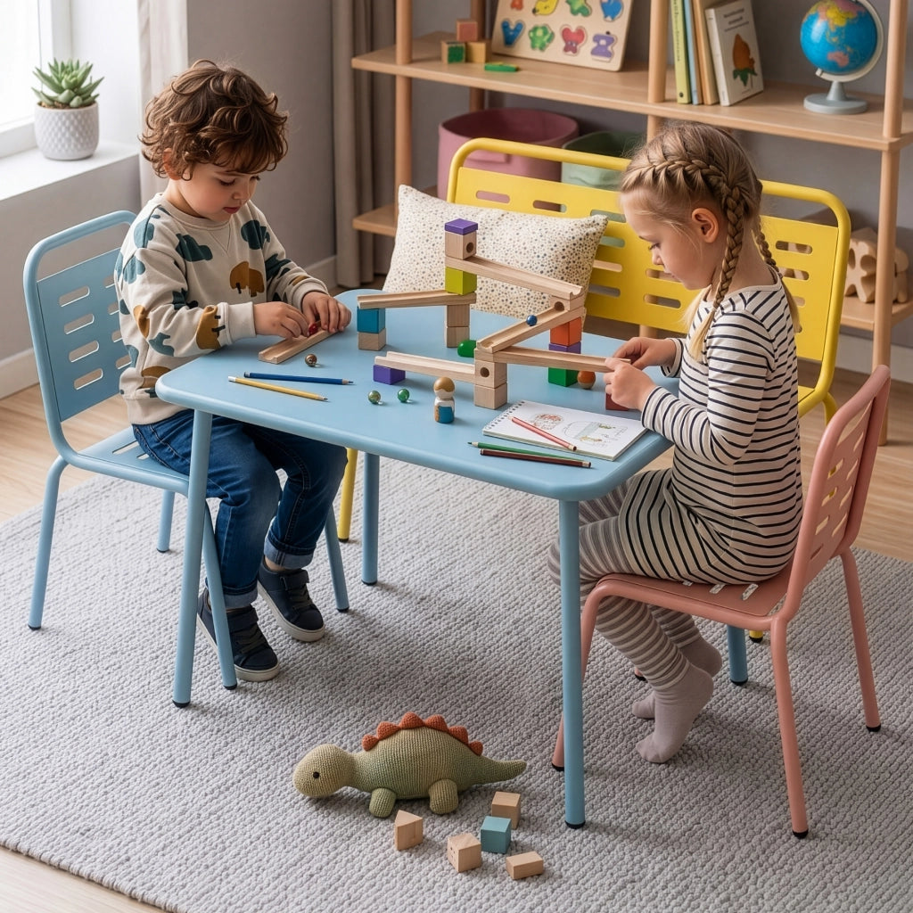 Set di 4 Mobili Etroubles per Bambini Tavolino Panca e 2 Sedie per Esterno e Interno - Giallo/Celeste/Pesca casa.pro