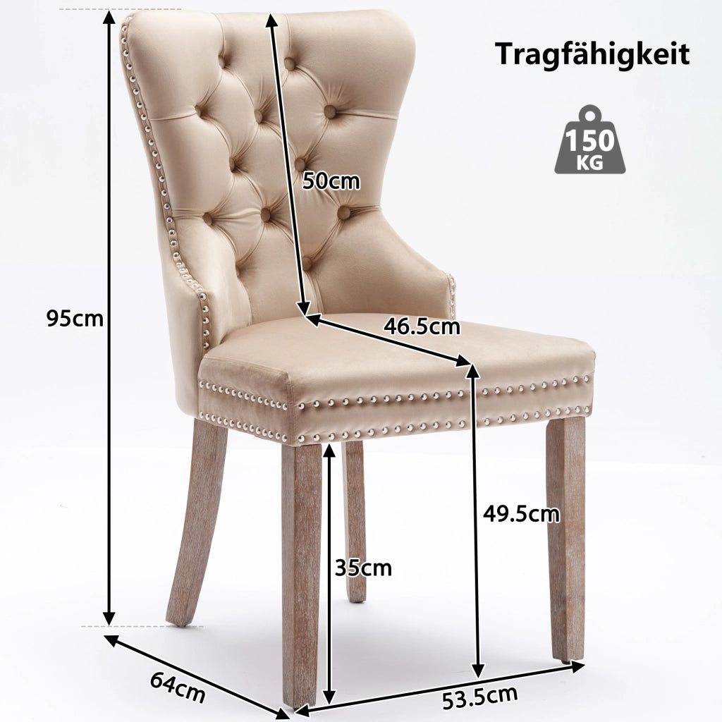 Sedia da Pranzo Imbottita in Velluto ¨C MINIMAL ¨C Beige, Gambe in Legno Massello, Set 2 Pezzi