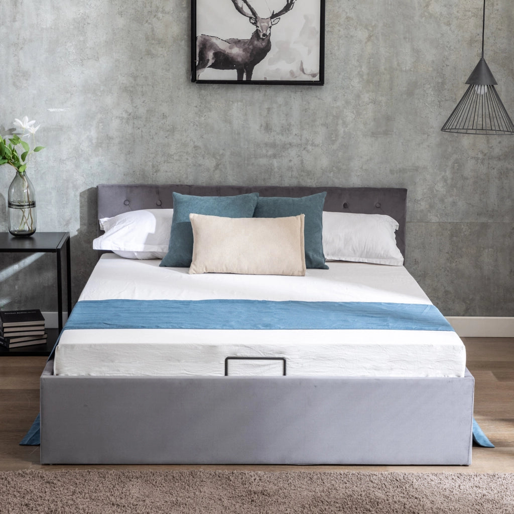 Letti contenitori 140x200 cm; contenitore idraulico; velluto grigio (Senza materasso)